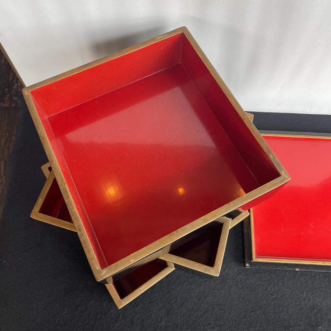 天然木 溜無地 五段重 蓋二枚 内朱塗 重箱 木箱入 木製 漆器 漆芸 骨董