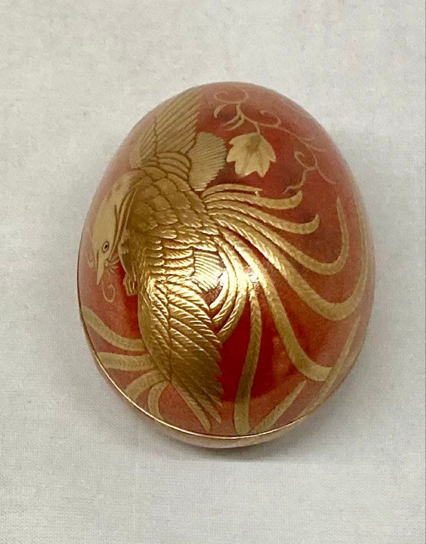 B553b「鳳凰 香合」他喜翁作　共箱　朱漆塗　金蒔絵　金梨地　畦地他喜男