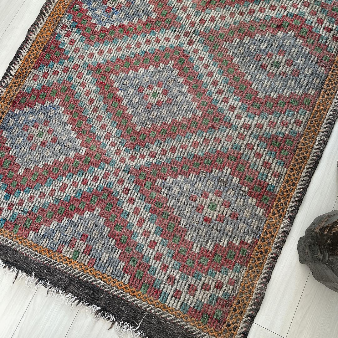 トルコ製ヴィンテージラグ940レア 大判 オールドキリム ジジム ブルー レッド