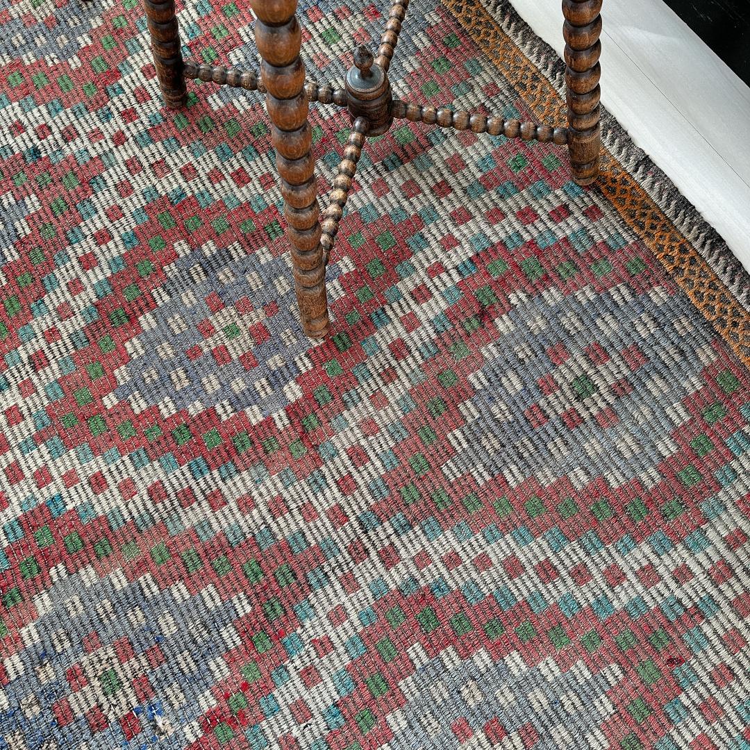 トルコ製ヴィンテージラグ940レア 大判 オールドキリム ジジム ブルー レッド