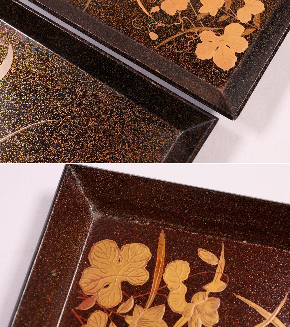 【MB46】時代 梨地吸物膳 十客 月と草花蒔絵 秋草 四方膳 卓上 折敷 木製