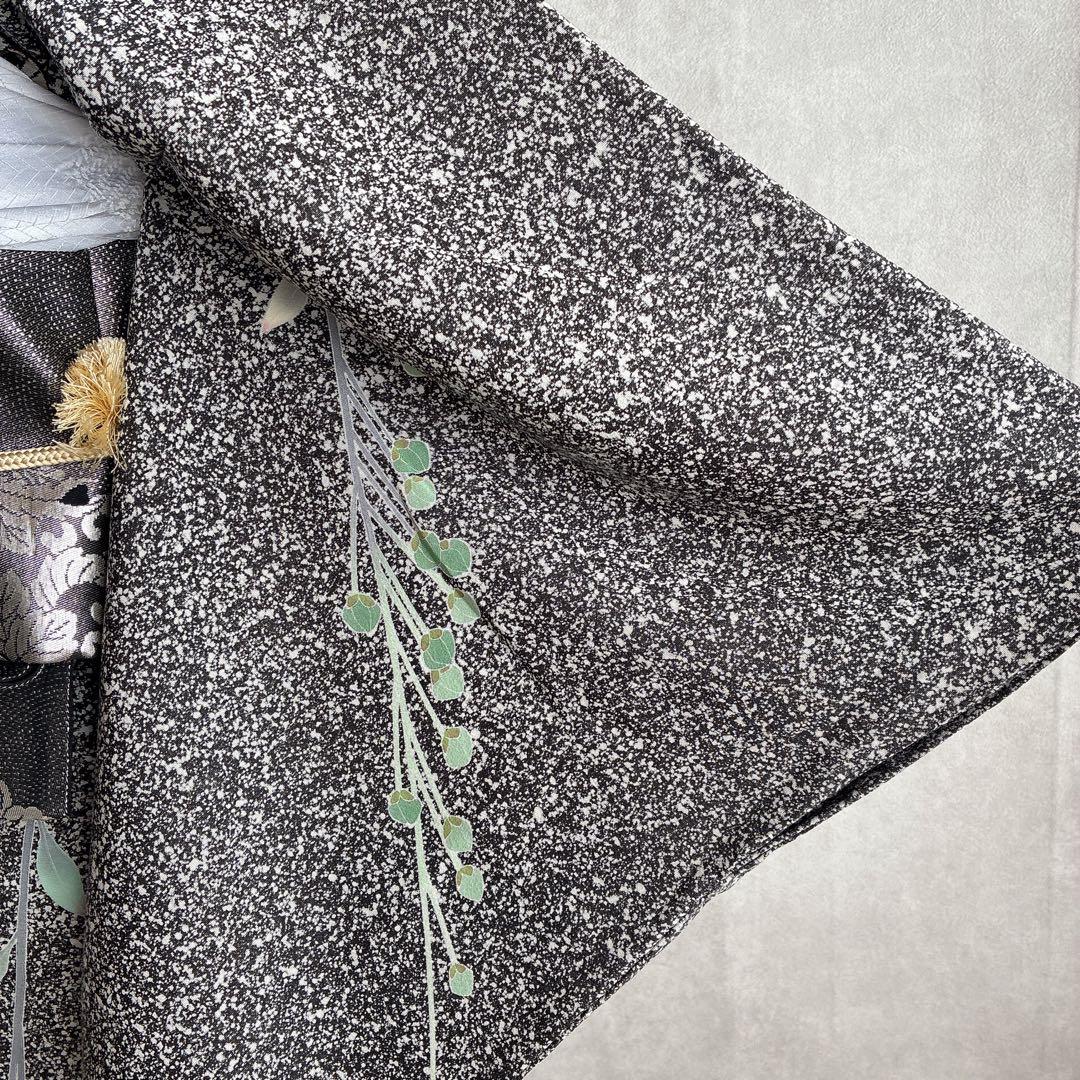 訪問着　フルセット　着物　正絹　黒　たたき染　大人モノトーン　墨花模様　N3