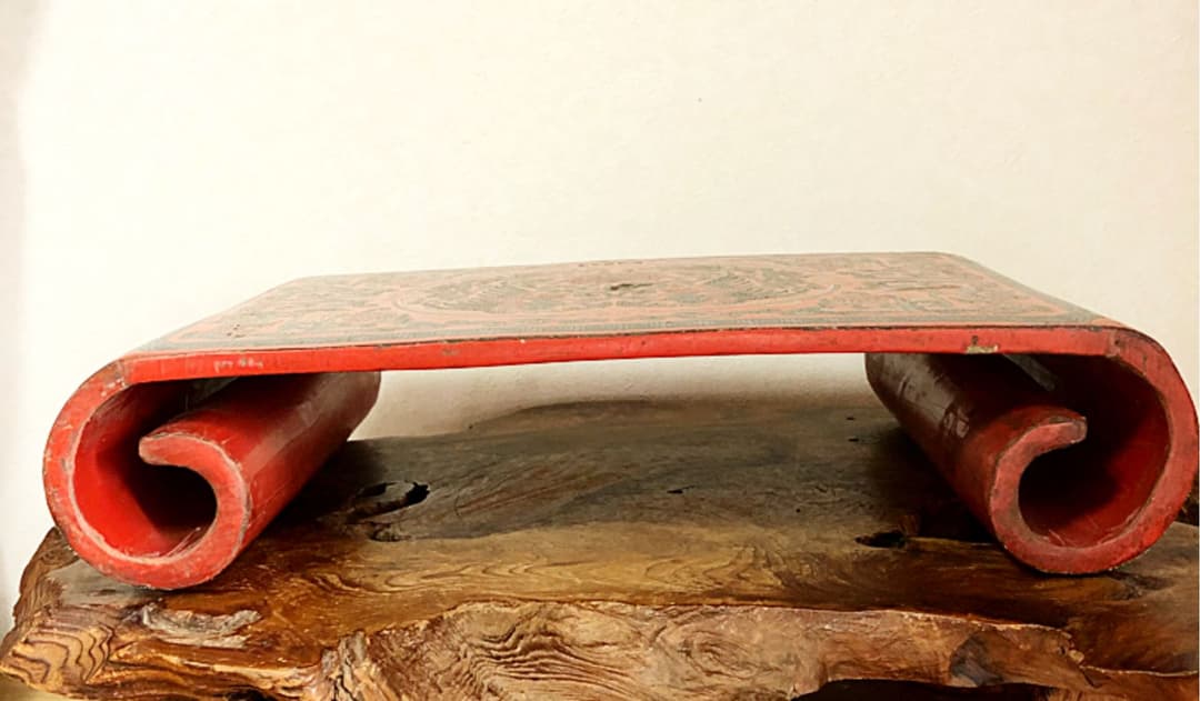 中国美術 重量級 大清乾隆年製 花鳥紋 朱塗 巻き台 香台 花台 盆栽台2.6㎏