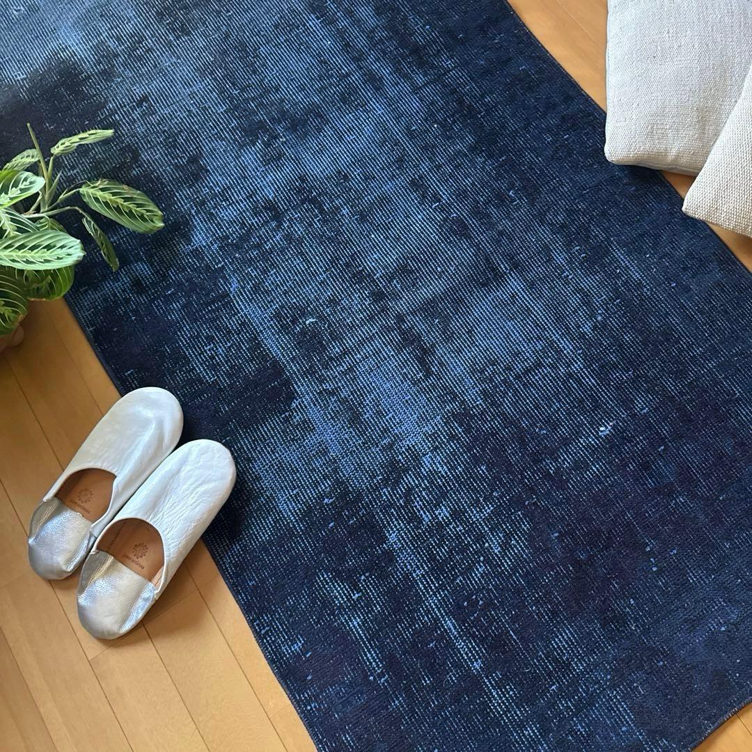 80.5×182 藍色オーバーダイ　ワンカラーラグ　トルコヴィンテージラグ