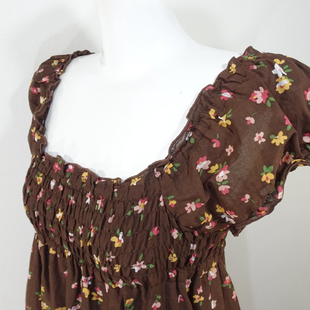 LIZLISA ワンピース 花柄 チェック柄 半袖 ブラウン フェアリーグランジ