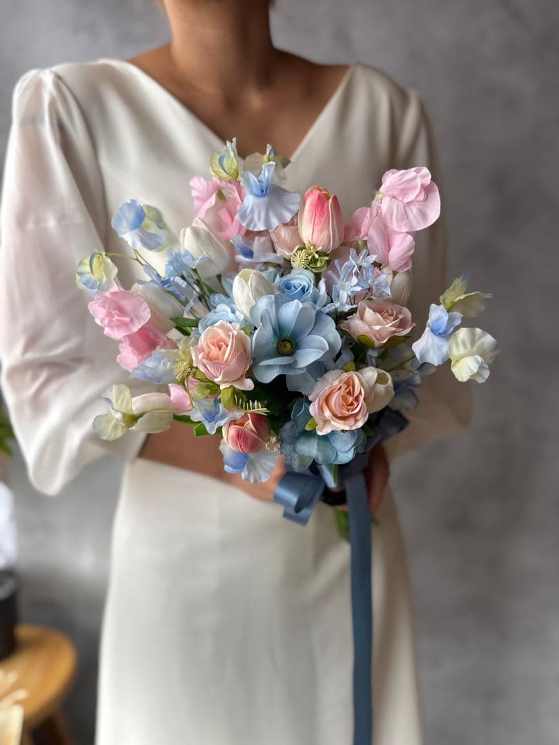 ピンク×ブルークラッチブーケ☆ブートニア