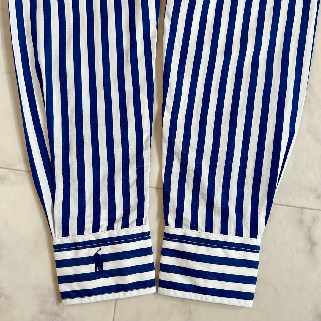 タグ付 ポロ バイ ラルフローレン ストライプ シャツ 袖ロゴ 青 近年モデル0