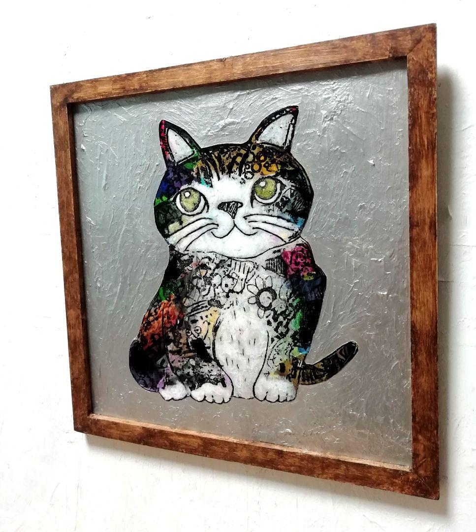 額付き銅版画応用絵画　title「回想ニャンコ」