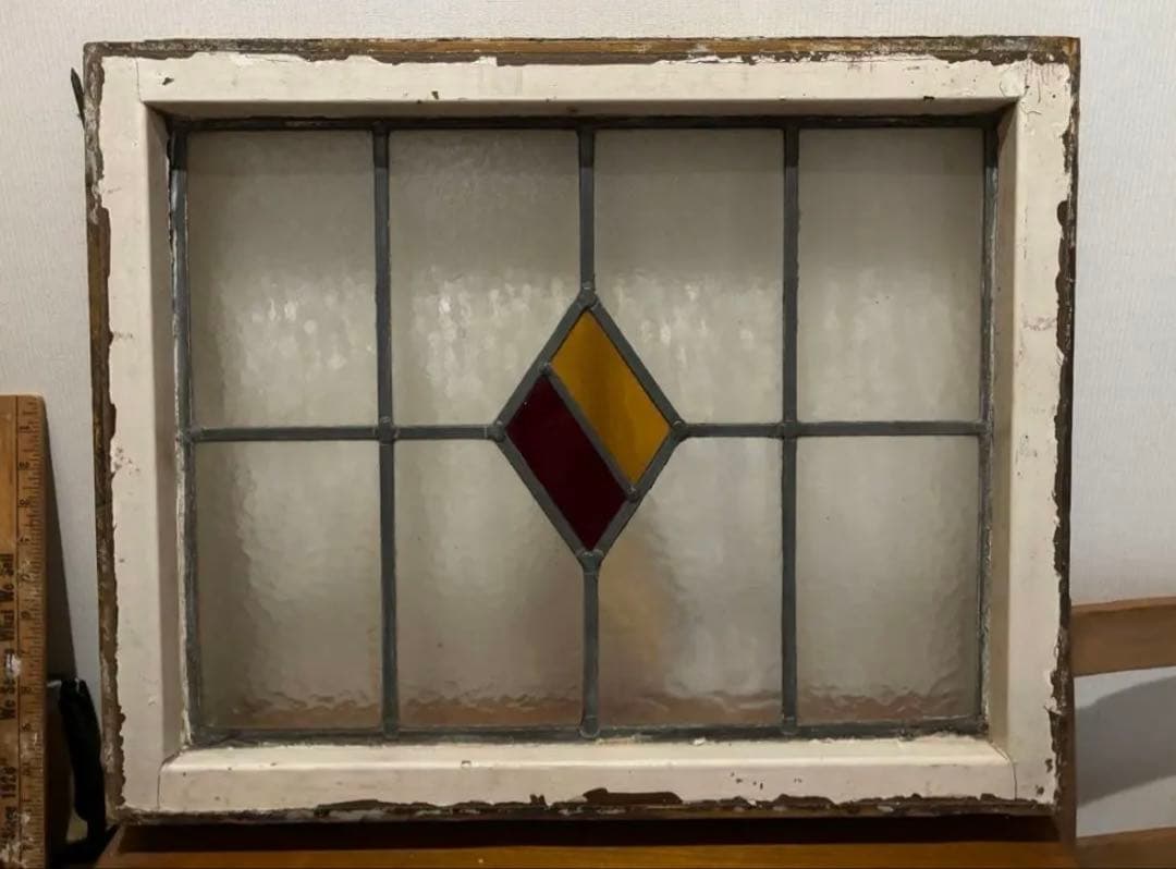 【最終価格】ステンドグラス ダイヤモンド型　窓枠 アンティーク　シャビーシック