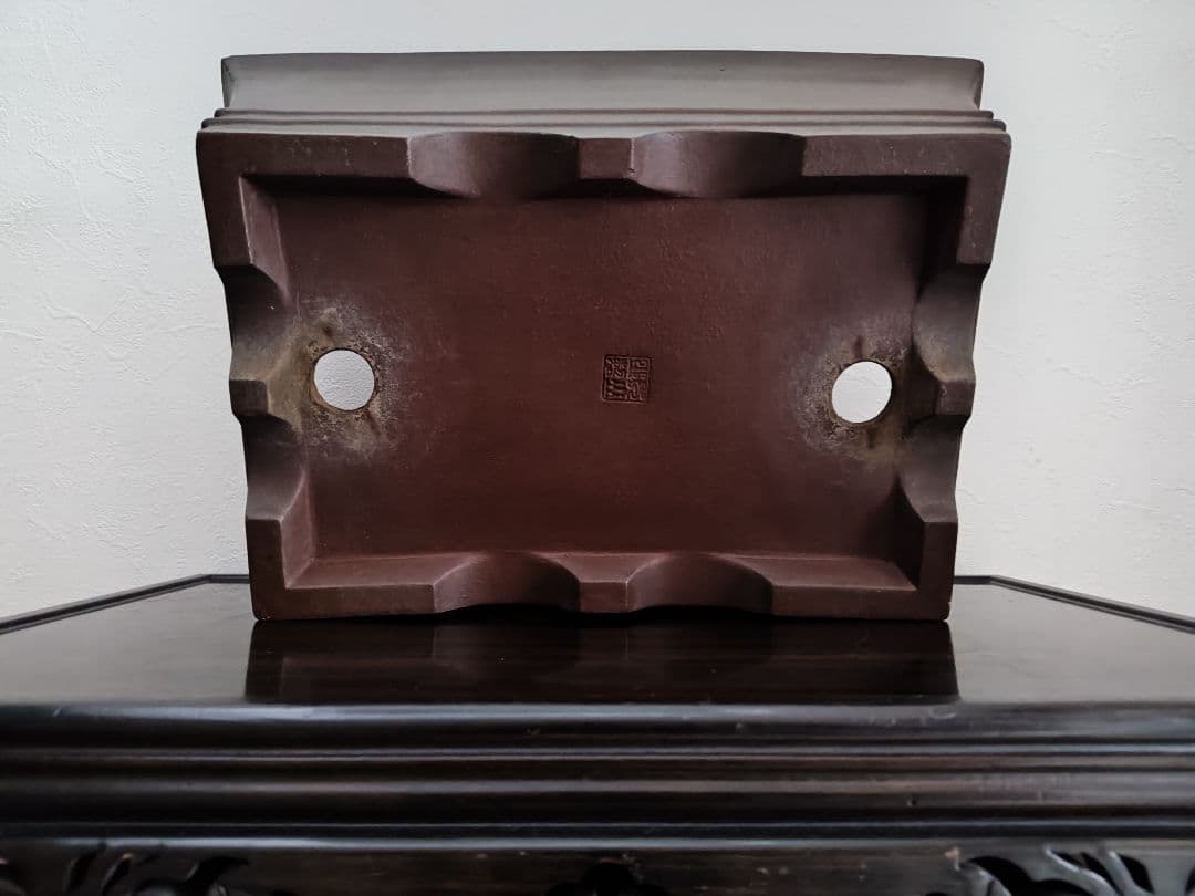 茶色の陶器製長方形盆栽鉢 太山　落款あり　希少　大型