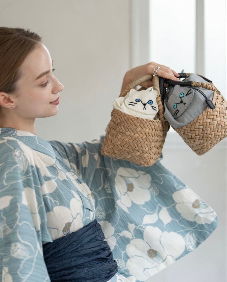 HAYNI 猫刺繍 かごバッグ　モカ　 (新品、未使用品)