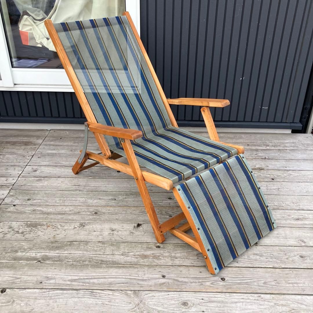 昭和レトロ 木製フレーム リクライニングチェア アウトドアチェア 折りたたみ式