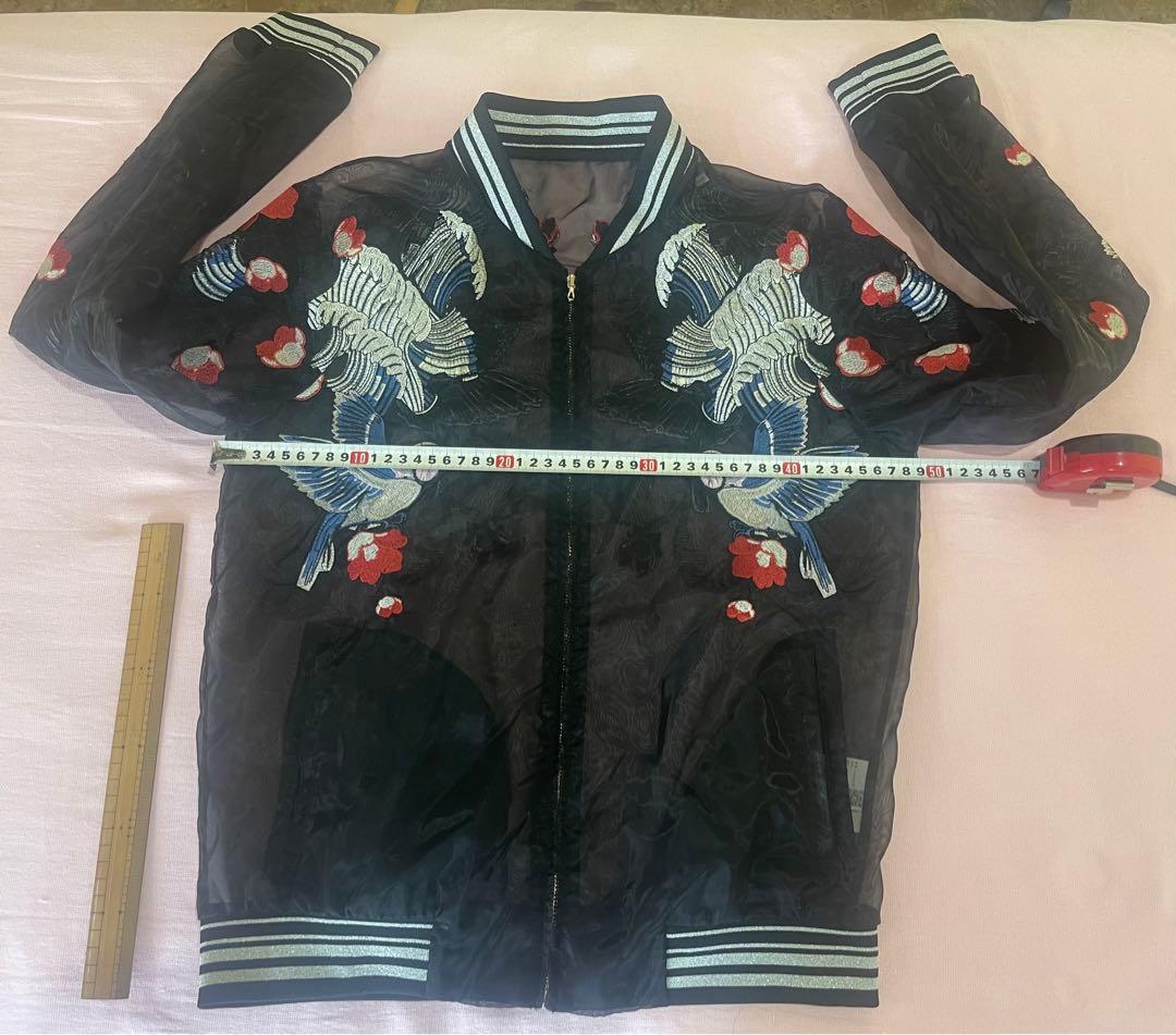 Ochirly(L)透けるスカジャンTATOO柄,春夏軽い,未使用に近い男女兼用