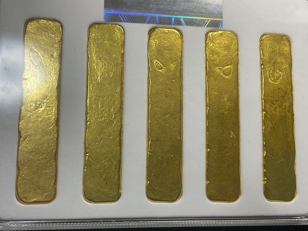 中国美術品　清代「福禄壽喜財　寶」銘　スラブケース入り金元寶金条　財運・運勢UP