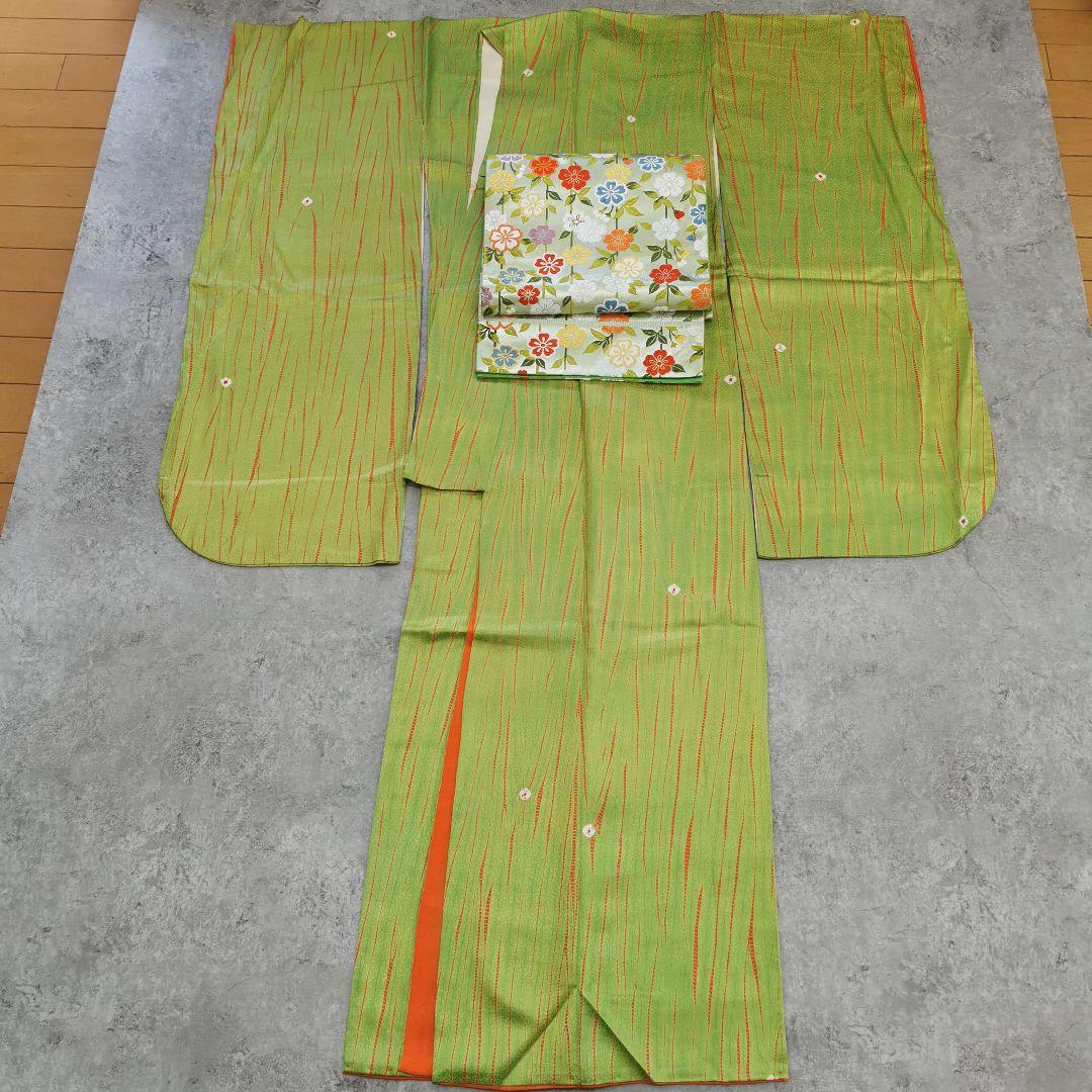 【お花畑】レアなグリーン カラフルお花畑な 贅沢 唐織 袋帯