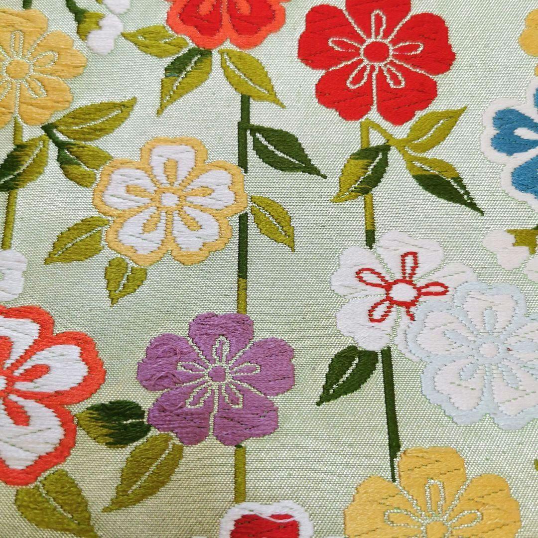 【お花畑】レアなグリーン カラフルお花畑な 贅沢 唐織 袋帯