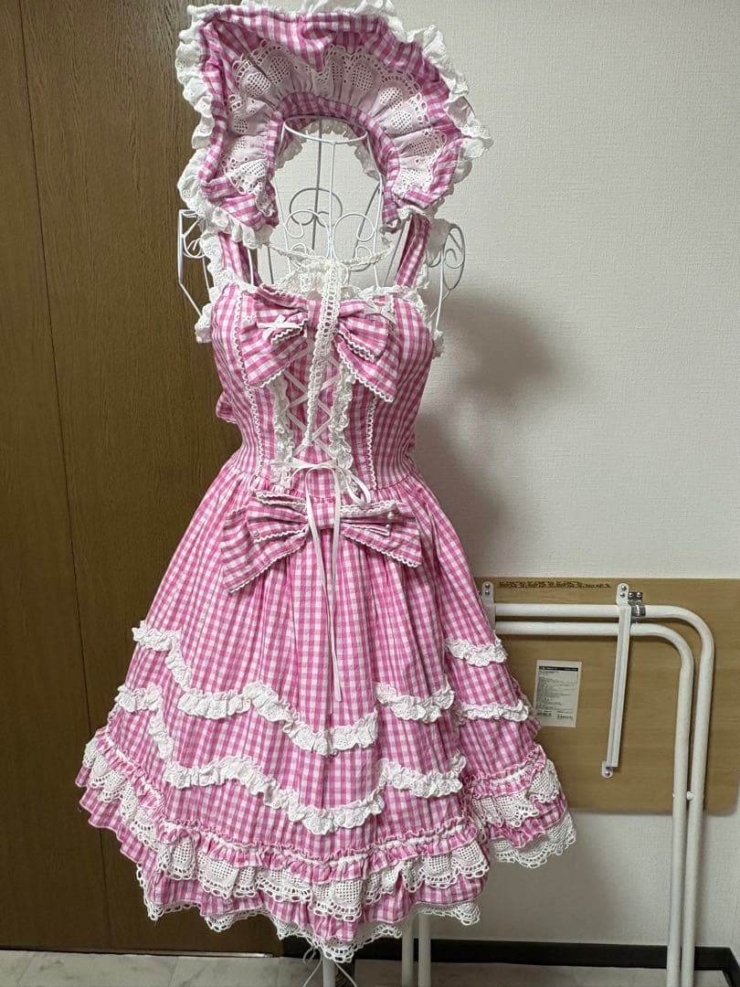 中国ロリータ♡ギンガムチェックジャンパースカート ボンネット、クリップ付