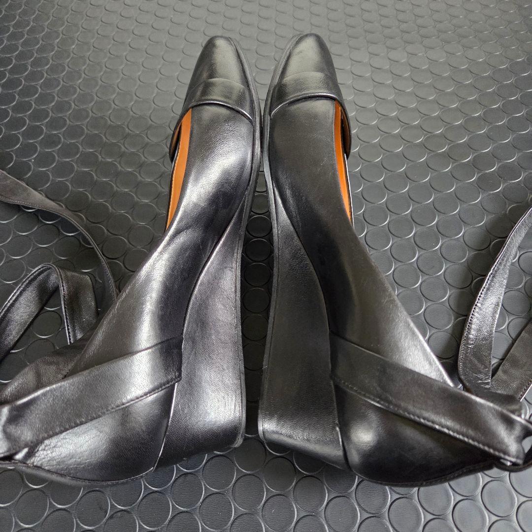 HERMES　レザーパンプス　リボン アンクルストラップ　ウエッジソール　23㎝