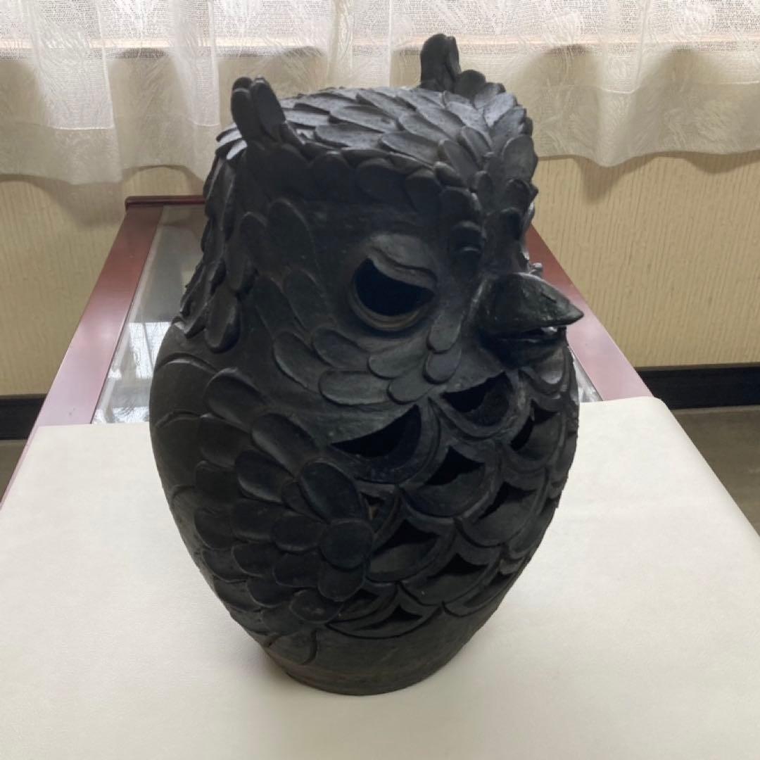 信楽焼 陶器 フクロウ 梟 置物 オブジェ 透かし 工芸品 モダン レトロ