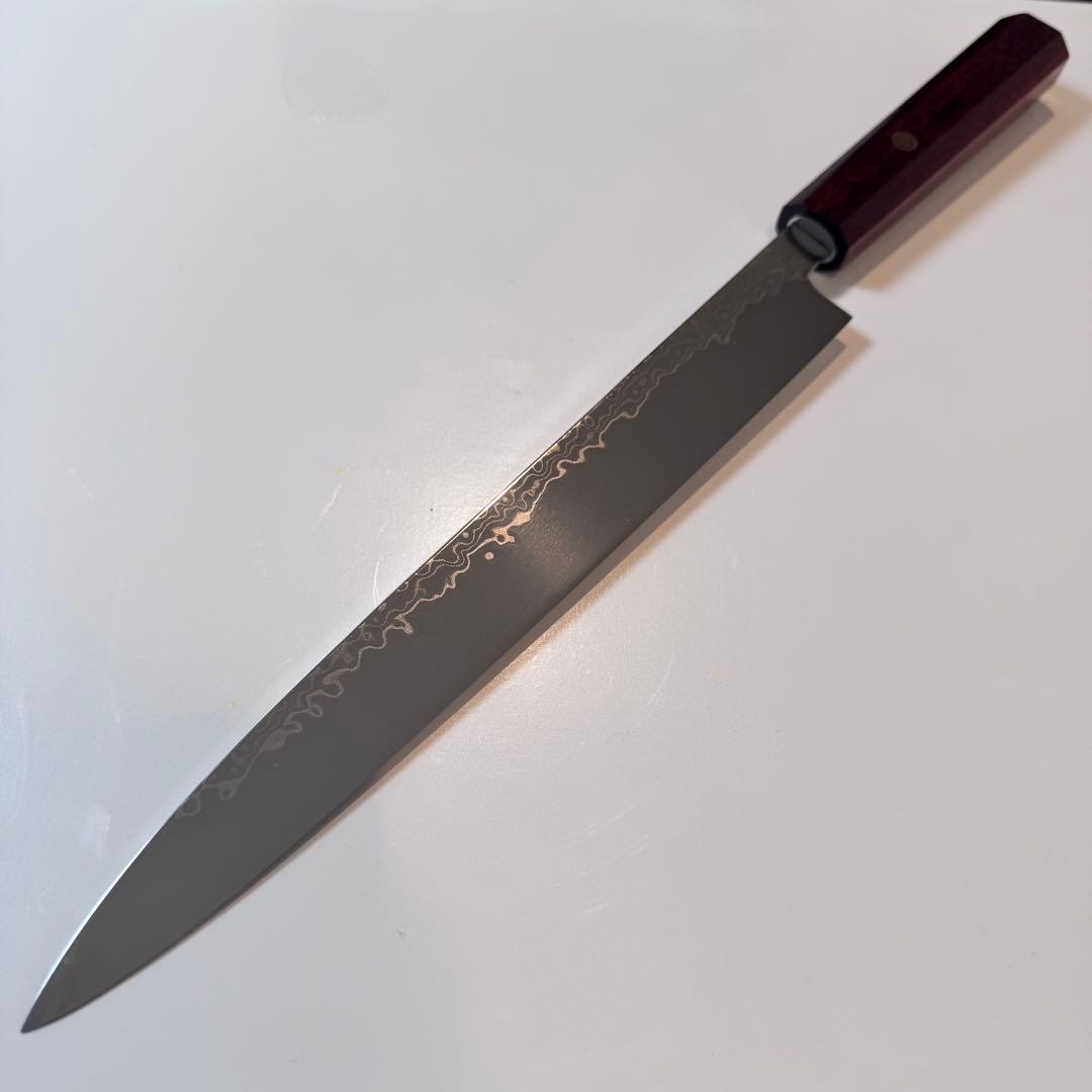 270mm ダマスカス墨流し柳刃包丁 紫檀八角柄 鏡面仕上げ 刺身用