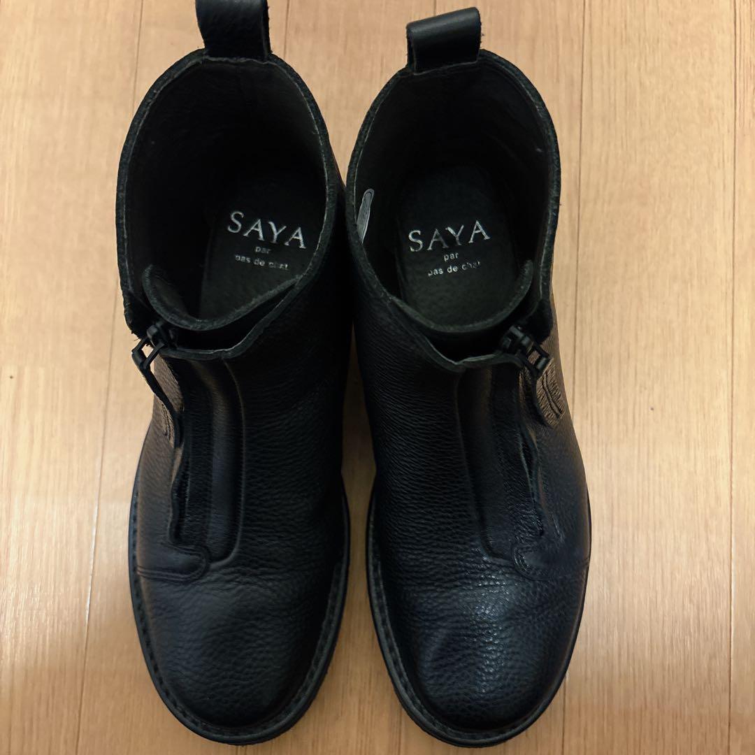 SAYA 23cm 本革 レザー ショートブーツ 黒 サイドジップ 日本製