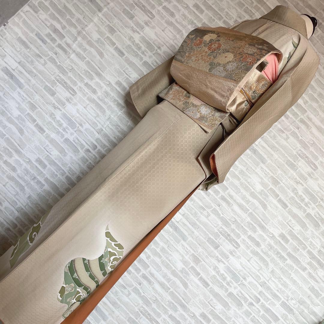 訪問着　フルセット　熨斗　そよ風　手刺繍　地紋　七宝　着物　I8