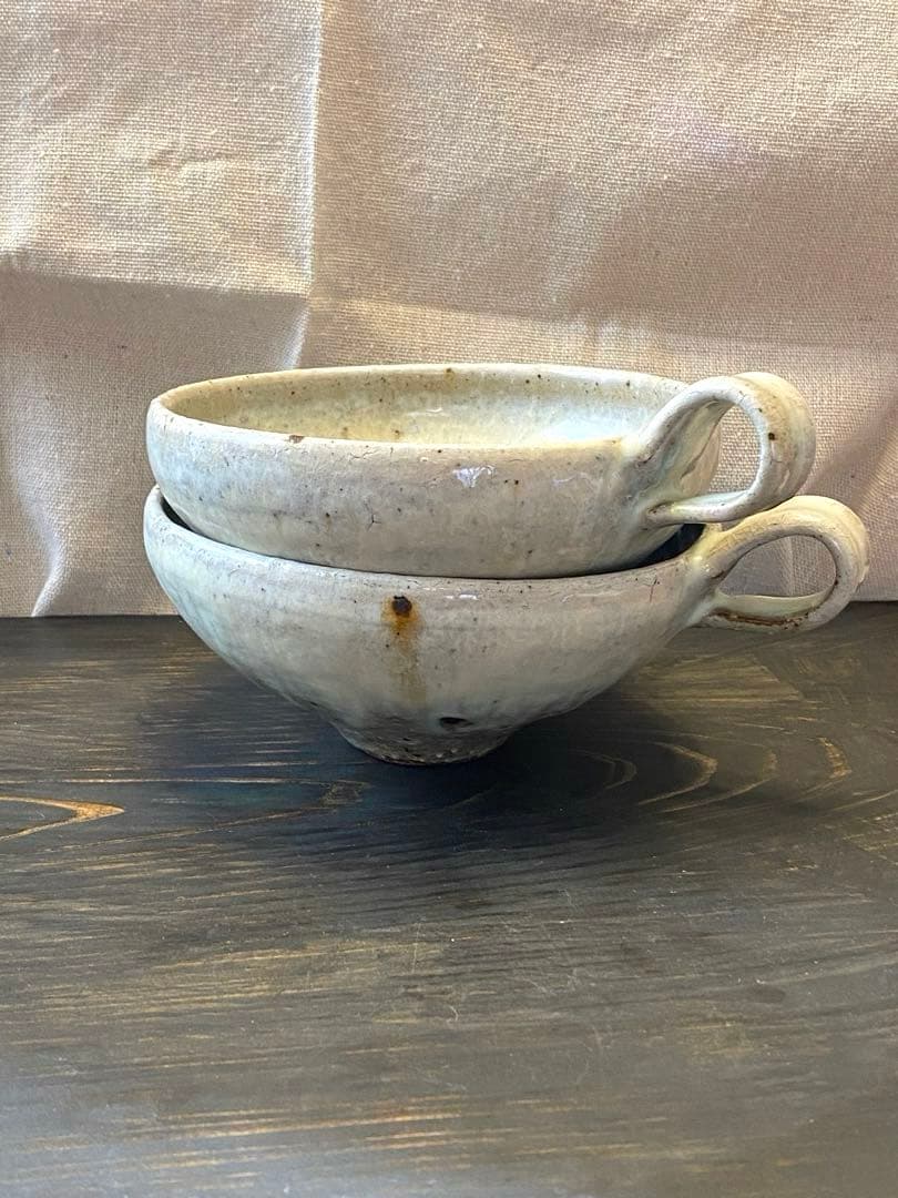 中村哲雄　薄灰　取っ手付きスープカップ 2個セット　作家もの