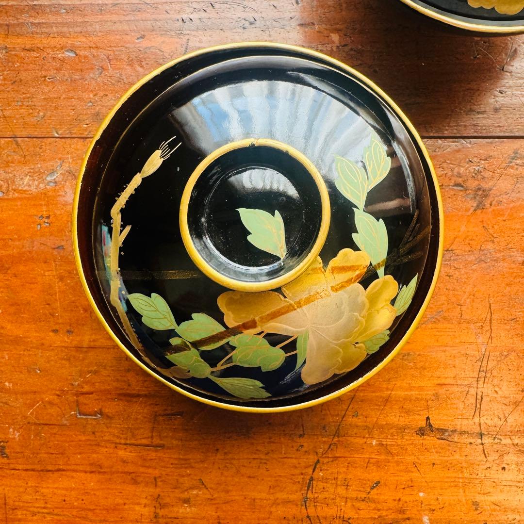 黒漆金彩花文溜塗吸物椀　お吸い物　　黒漆椀　木製椀3客セット　祝膳に　溜め塗り
