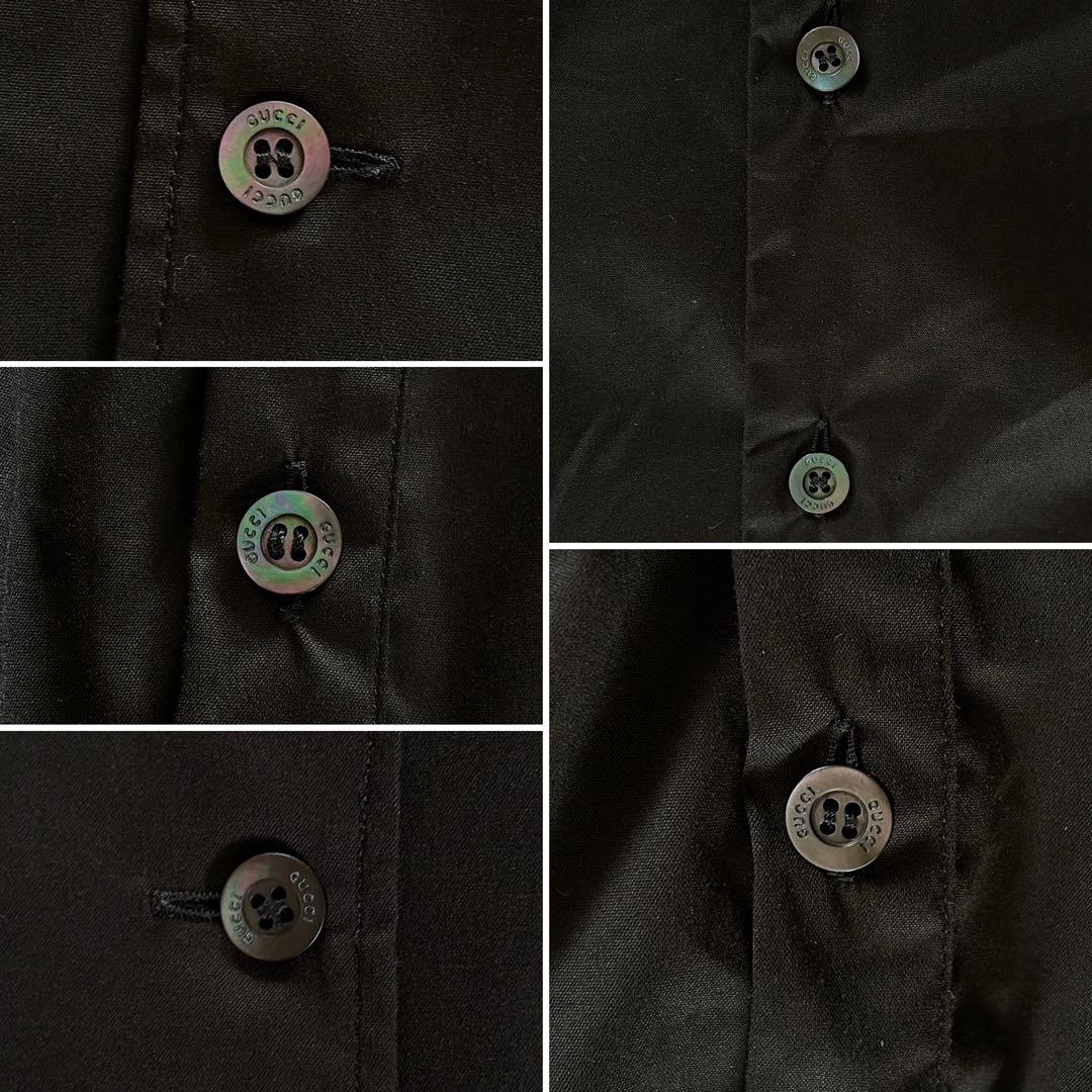 美品✨希少【グッチ】シェリーラインリボン付き長袖シャツ ロゴ刻印ボタン 黒 40