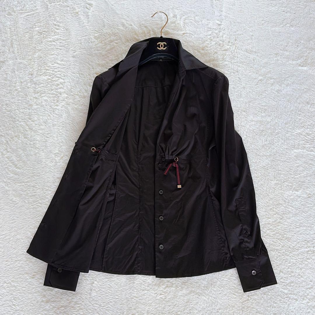 美品✨希少【グッチ】シェリーラインリボン付き長袖シャツ ロゴ刻印ボタン 黒 40
