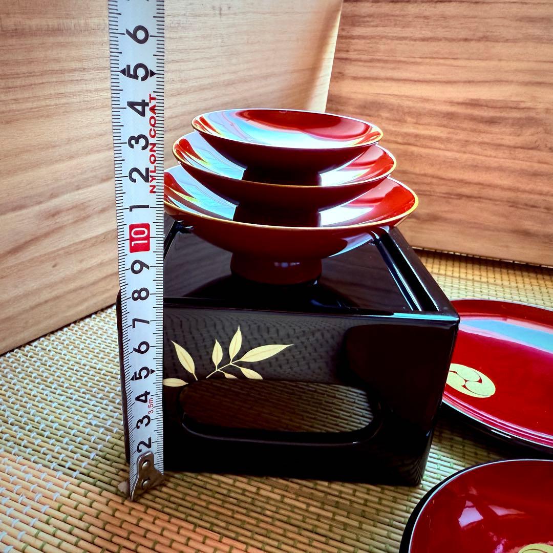 未使用　越前塗　漆器　屠蘇器　正月　天然木製　共箱　黒 銀南天