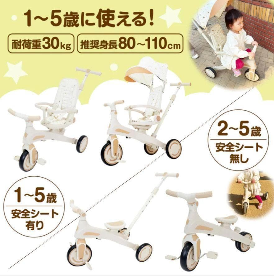 【新品】多機能三輪車【ベージュ】 7in1■安全設計1歳〜5歳