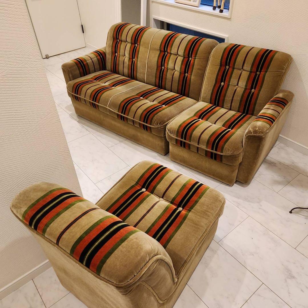 オールドカリモクkarimoku 1人掛けアームソファ1脚 ストライプ　モケット