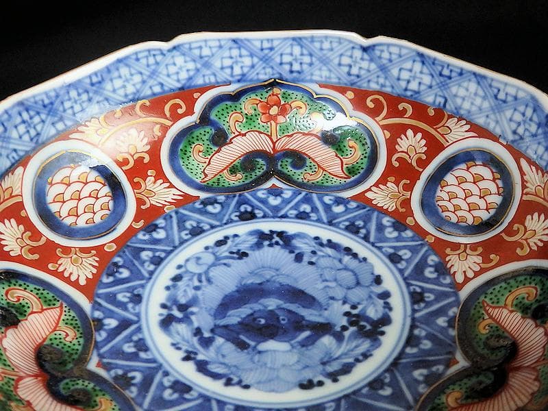 大聖寺伊万里　花に唐獅子　丸紋に金唐草の図　膾皿　５客　B225 AS-CGc