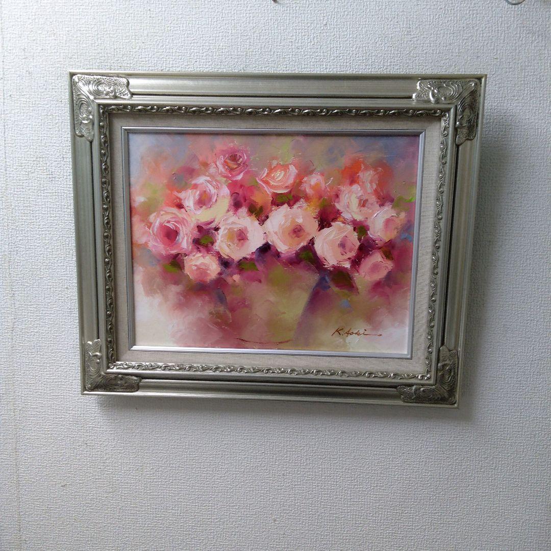 肉質油絵　横　F6 バラの花と花瓶　青木今陽　額装仕上げ品
