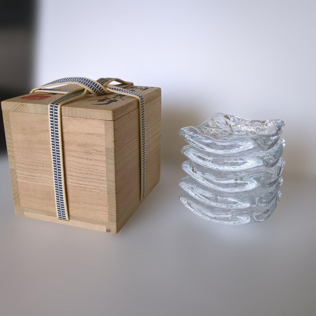 益田芳徳 硝子 石目 小鉢 五客揃 共箱付 ガラス 作家