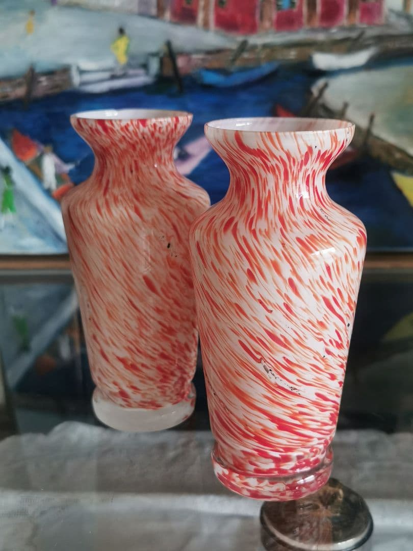 アンティーク ヴェネチアンガラス ブラッドオレンジ＆ホワイト 工房物ペアベース