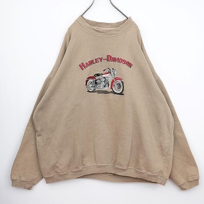 ハーレーダビッドソン デカ刺繍 スウェット ベージュ バイク 3XL 裏パイル
