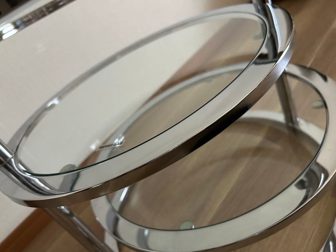 ミッドセンチュリー　北欧ラウンドテーブル3段ガラススライドテーブル☆たのメル便