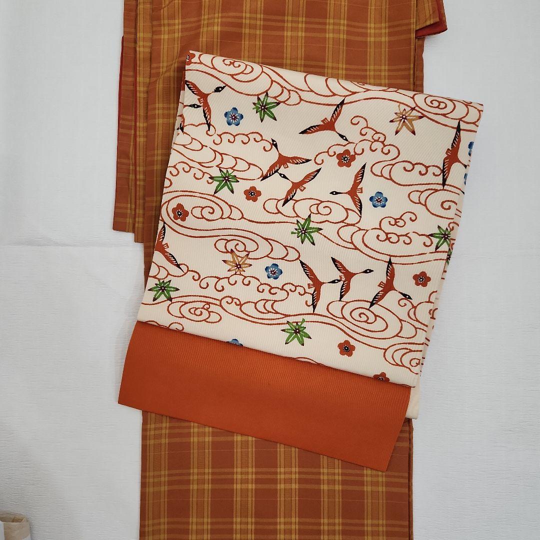 開き名古屋帯　塩瀬　染帯　九寸　紅型　雲間飛鳥文　朱色　オレンジ