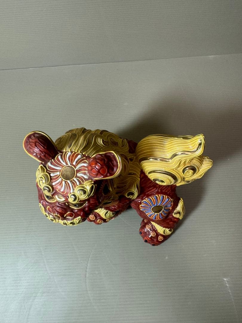 2870 九谷焼 玉乗り獅子 狛犬 シーサー 置物 開運 魔除け 縁起物 骨董品
