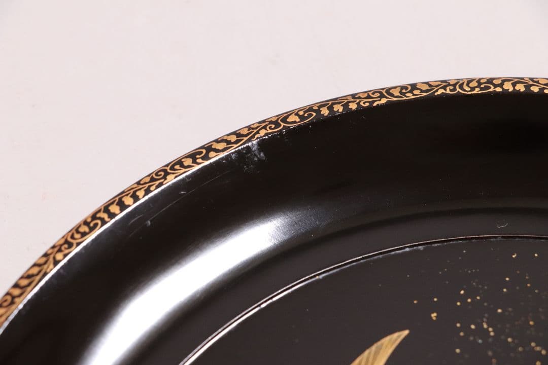 MA220 時代漆器 松竹梅鶴金蒔絵 縁唐草 黒塗 大徳寺盆 五客 菓子盆 木皿