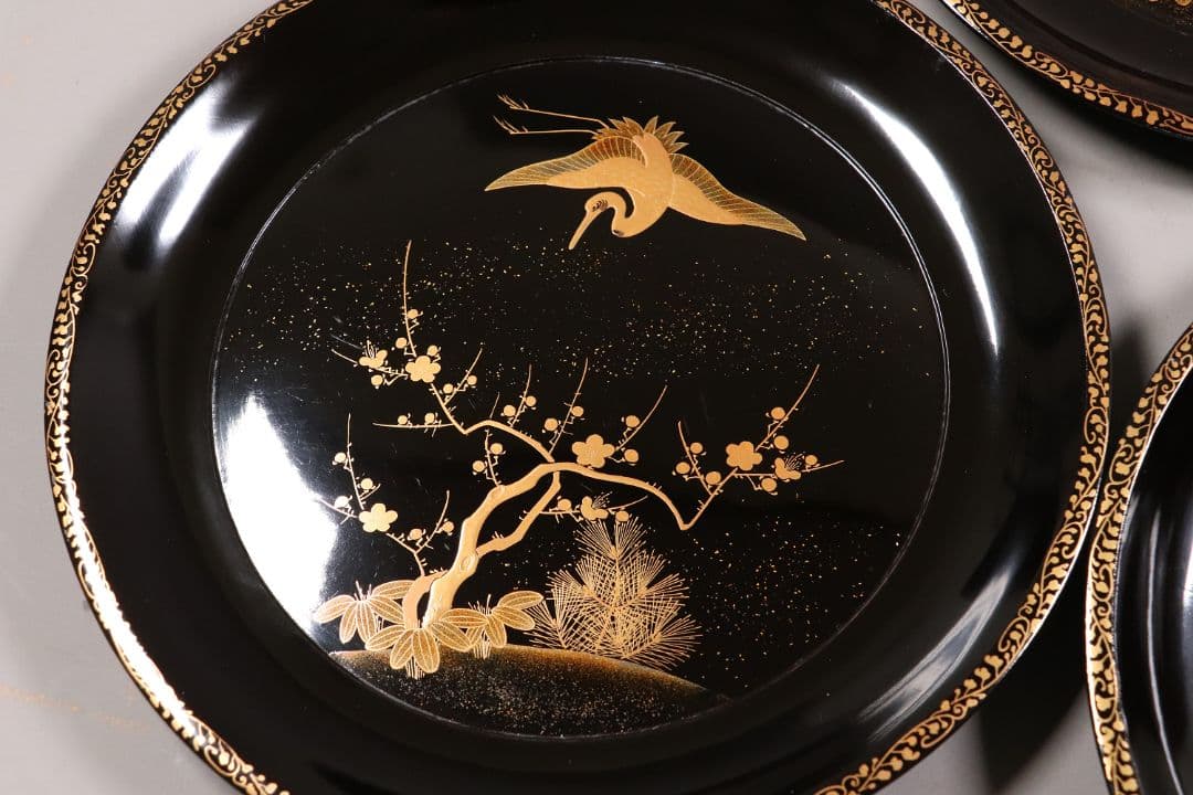 MA220 時代漆器 松竹梅鶴金蒔絵 縁唐草 黒塗 大徳寺盆 五客 菓子盆 木皿