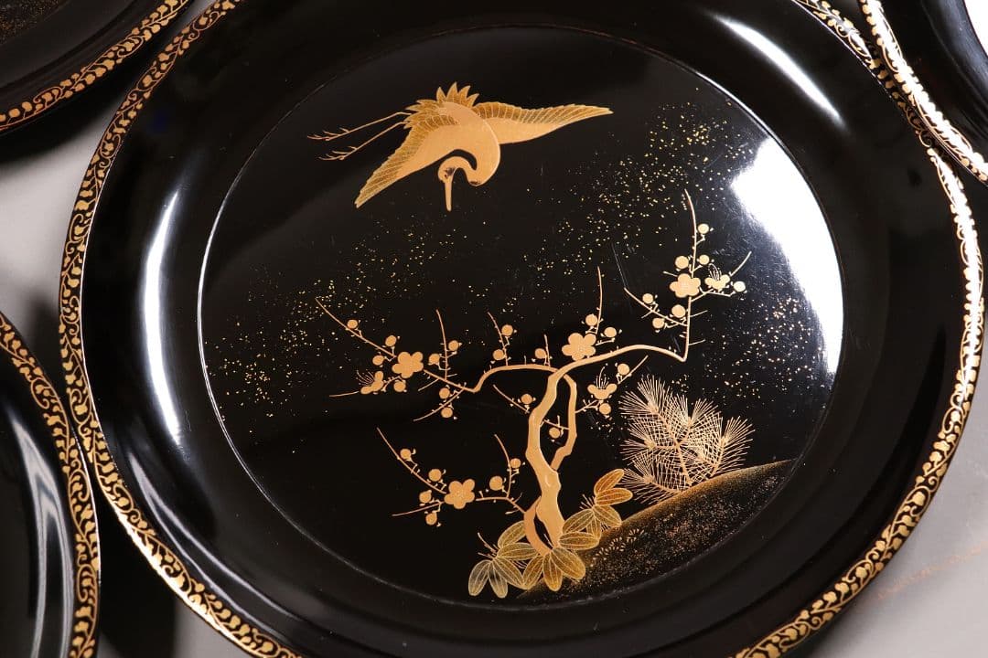 MA220 時代漆器 松竹梅鶴金蒔絵 縁唐草 黒塗 大徳寺盆 五客 菓子盆 木皿