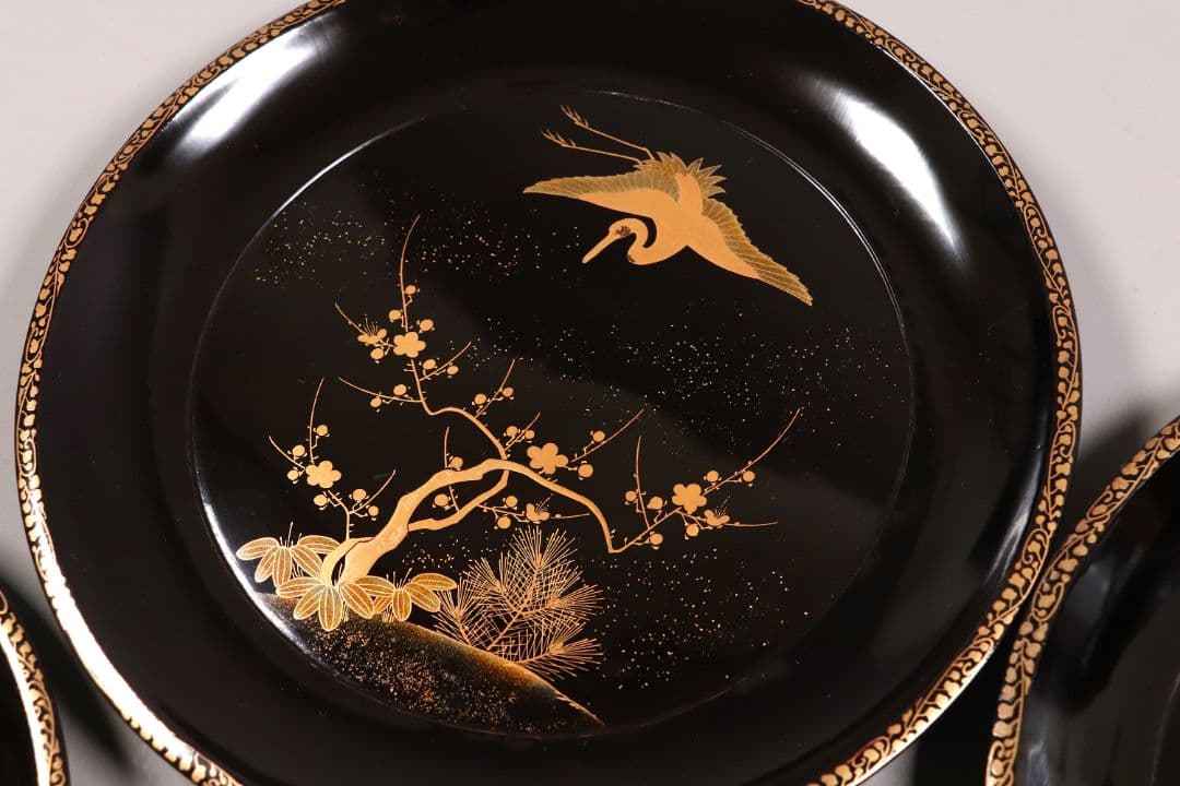 MA220 時代漆器 松竹梅鶴金蒔絵 縁唐草 黒塗 大徳寺盆 五客 菓子盆 木皿