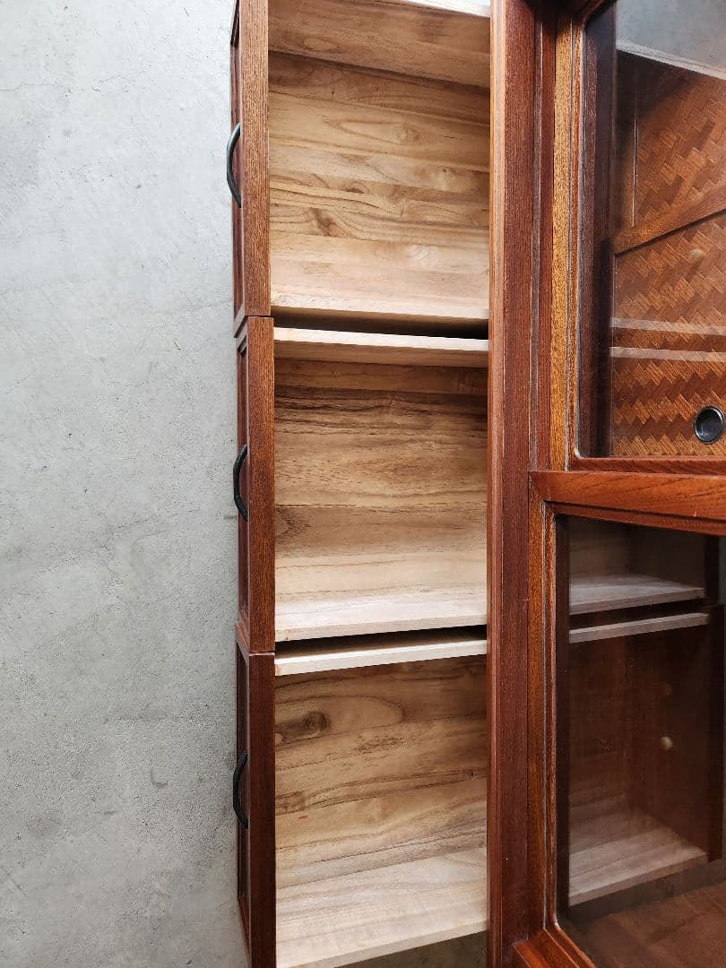 欅　あじろ茶棚　茶箪笥　和風収納棚 ガラス扉付き　アンティーク風昭和レトロ