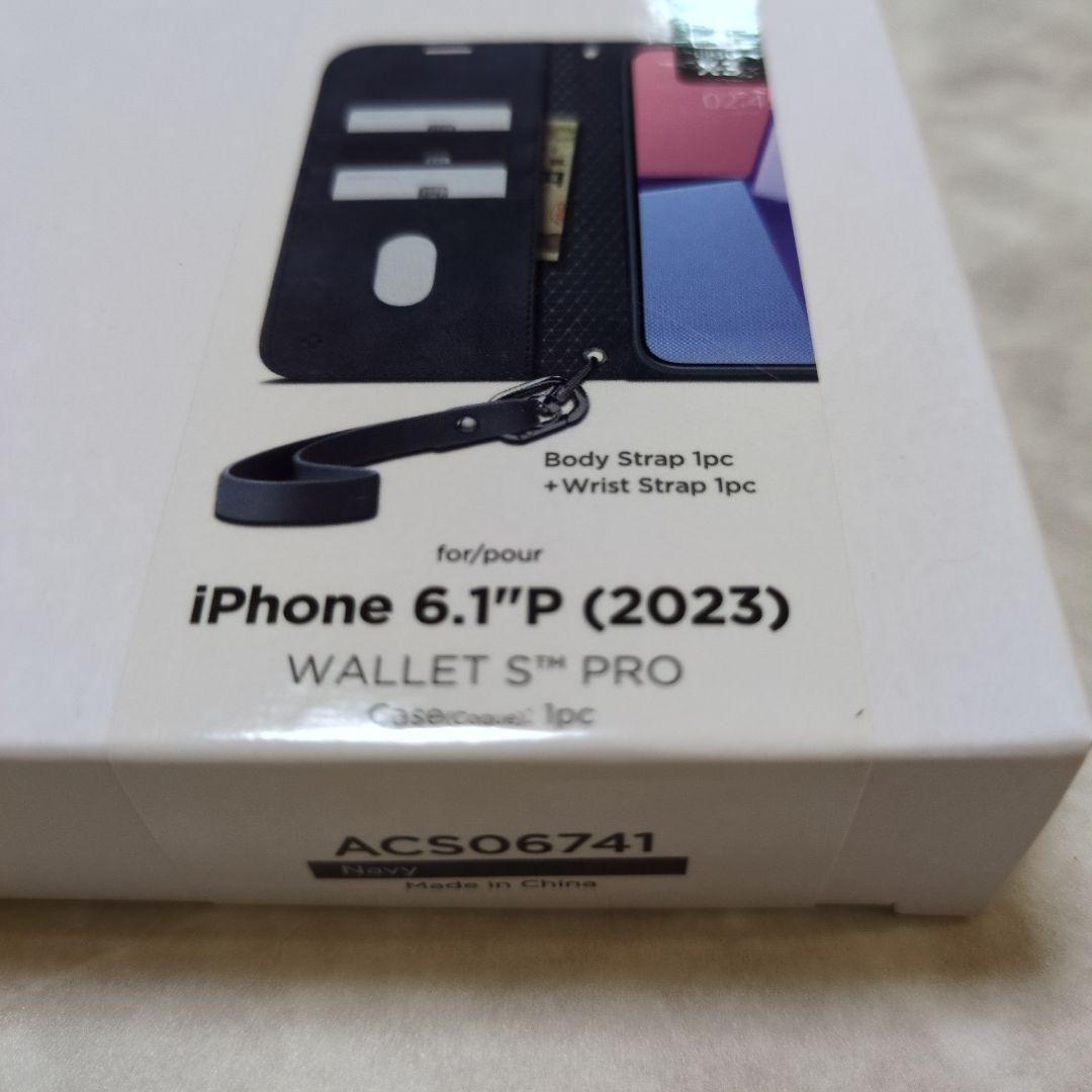 iPhone 15 Pro ケース 手帳型 ネイビー ストラップ2種類付き