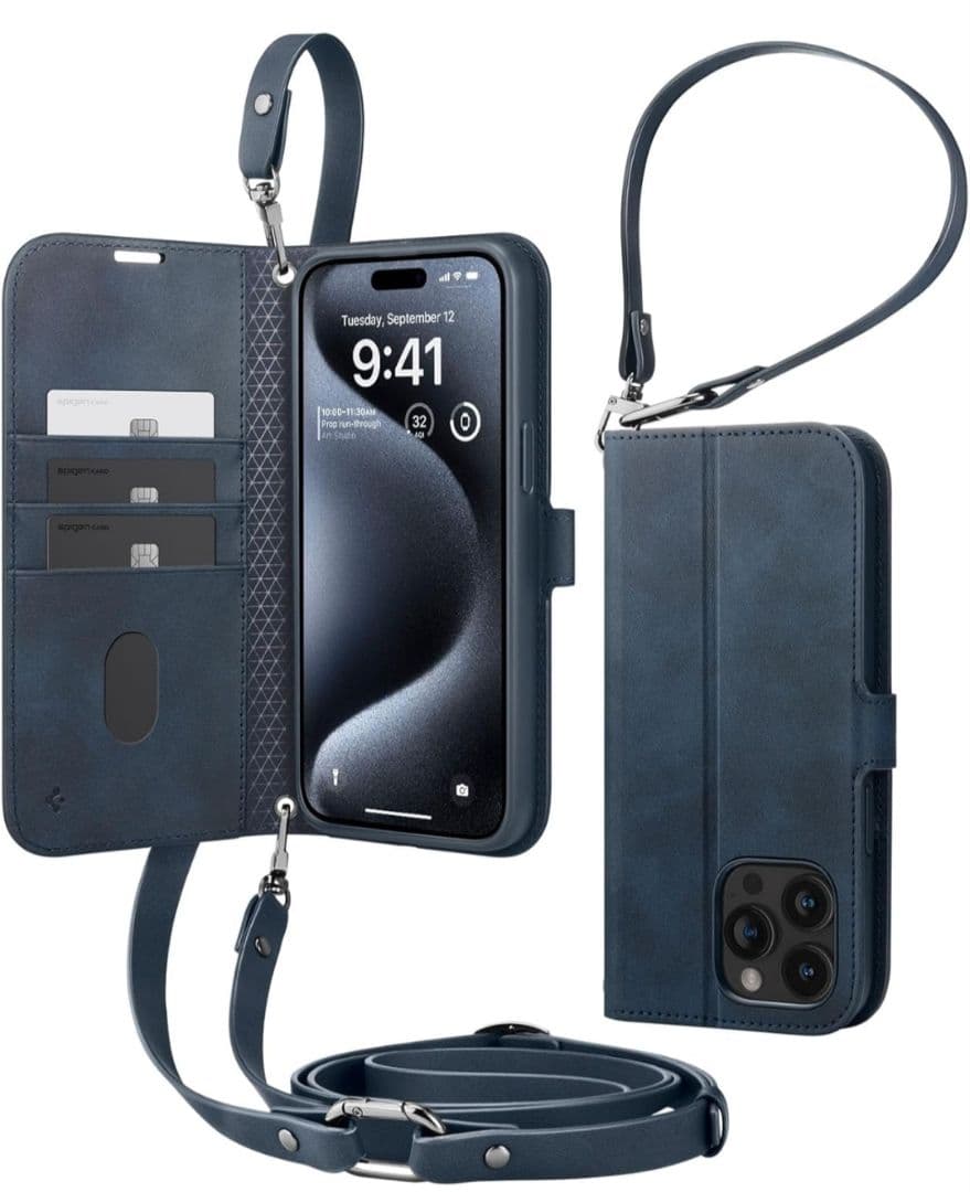 iPhone 15 Pro ケース 手帳型 ネイビー ストラップ2種類付き