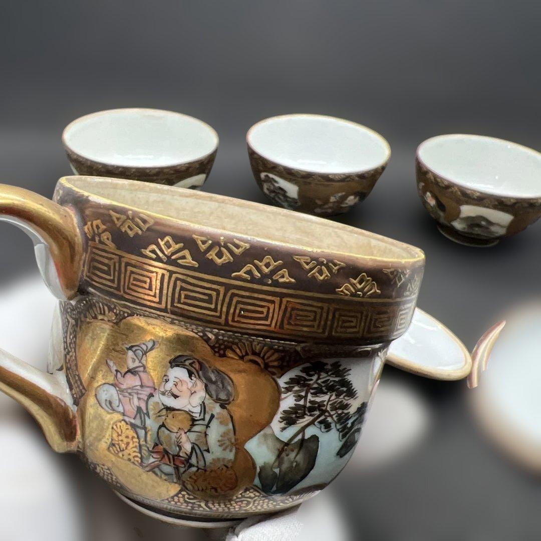 明治時代　金彩山水人物画九谷焼煎茶器セット　宝瓶１点　湯呑み３点まとめて煎茶道具