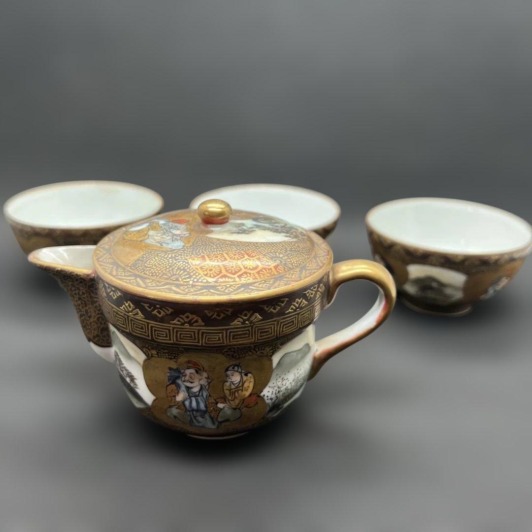 明治時代　金彩山水人物画九谷焼煎茶器セット　宝瓶１点　湯呑み３点まとめて煎茶道具